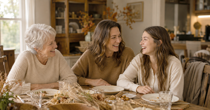 Three generations of a family laughing around a laid dining table in autumn light