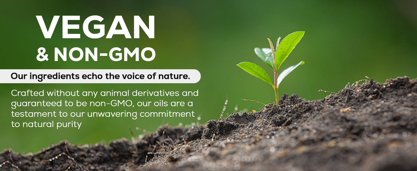 Vegan and non-GMO. Our ingredients echo the voice of nature. Crafted without any animal derivatives and guaranteed to be non-GMO, our oils are a testament to our unwavering commitment to natural purity.
