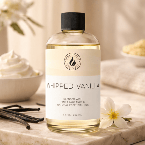 Whipped Vanilla premium home fragrance oil in 8.5 oz with a smooth vanilla aroma and comforting sweet scent for a warm inviting atmosphere