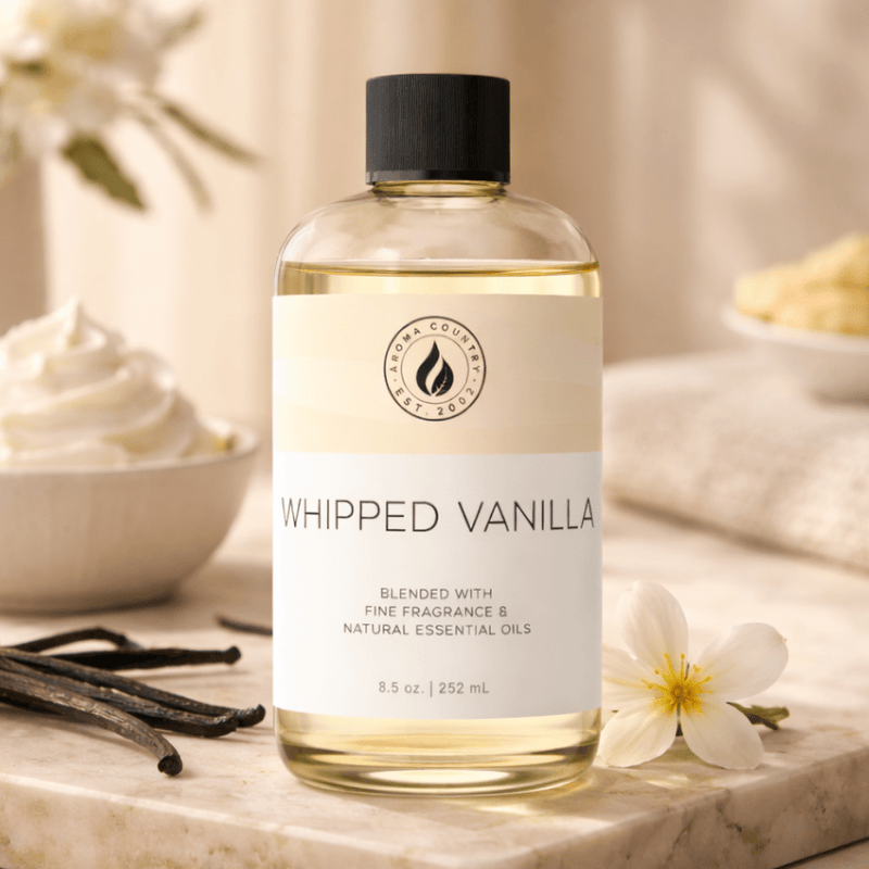 Whipped Vanilla premium home fragrance oil in 8.5 oz with a smooth vanilla aroma and comforting sweet scent for a warm inviting atmosphere