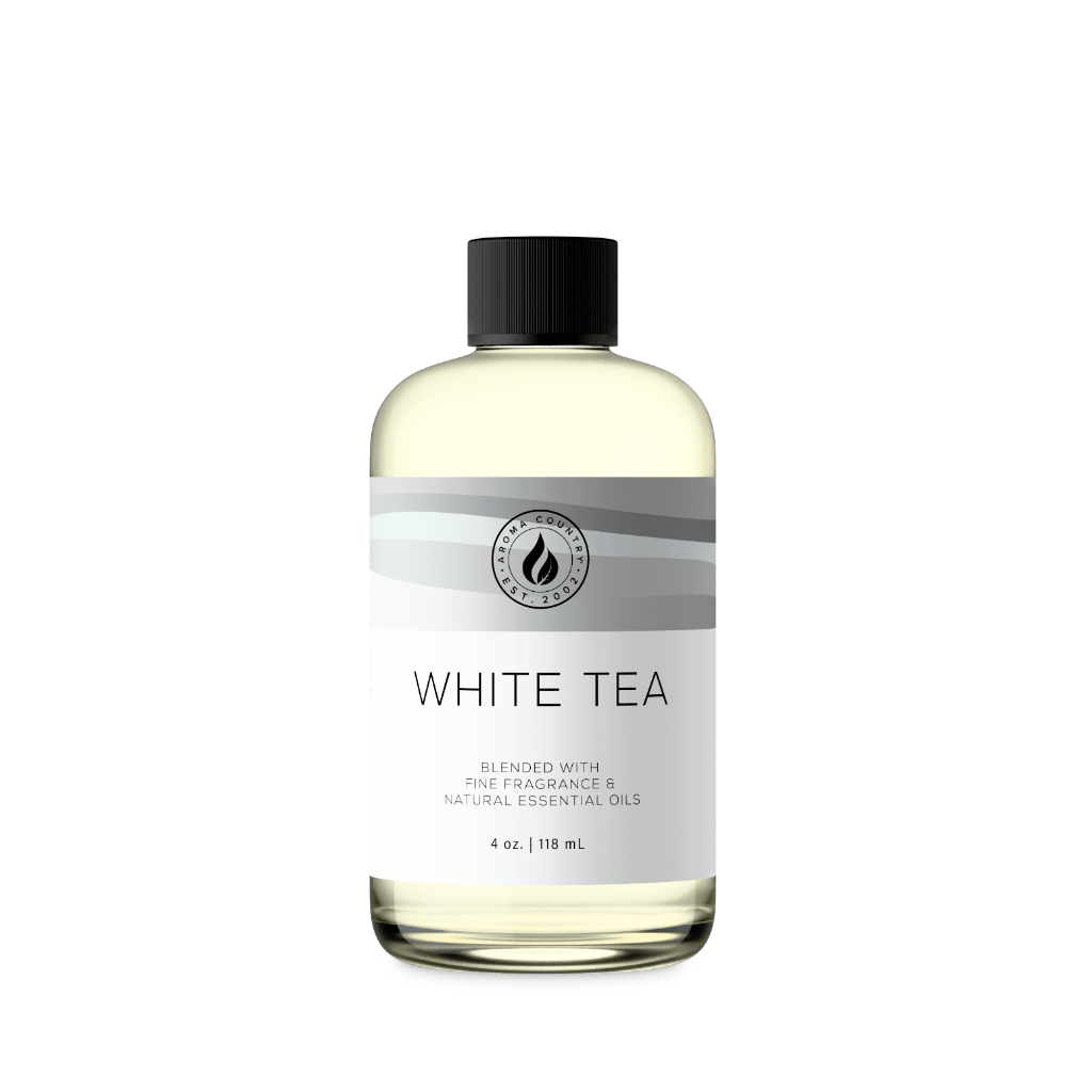 White Tea fragrance oil in a 4 oz bottle with a crisp spa-inspired aroma and clean tea leaf character layered with soft refined freshness for cold air diffuser systems