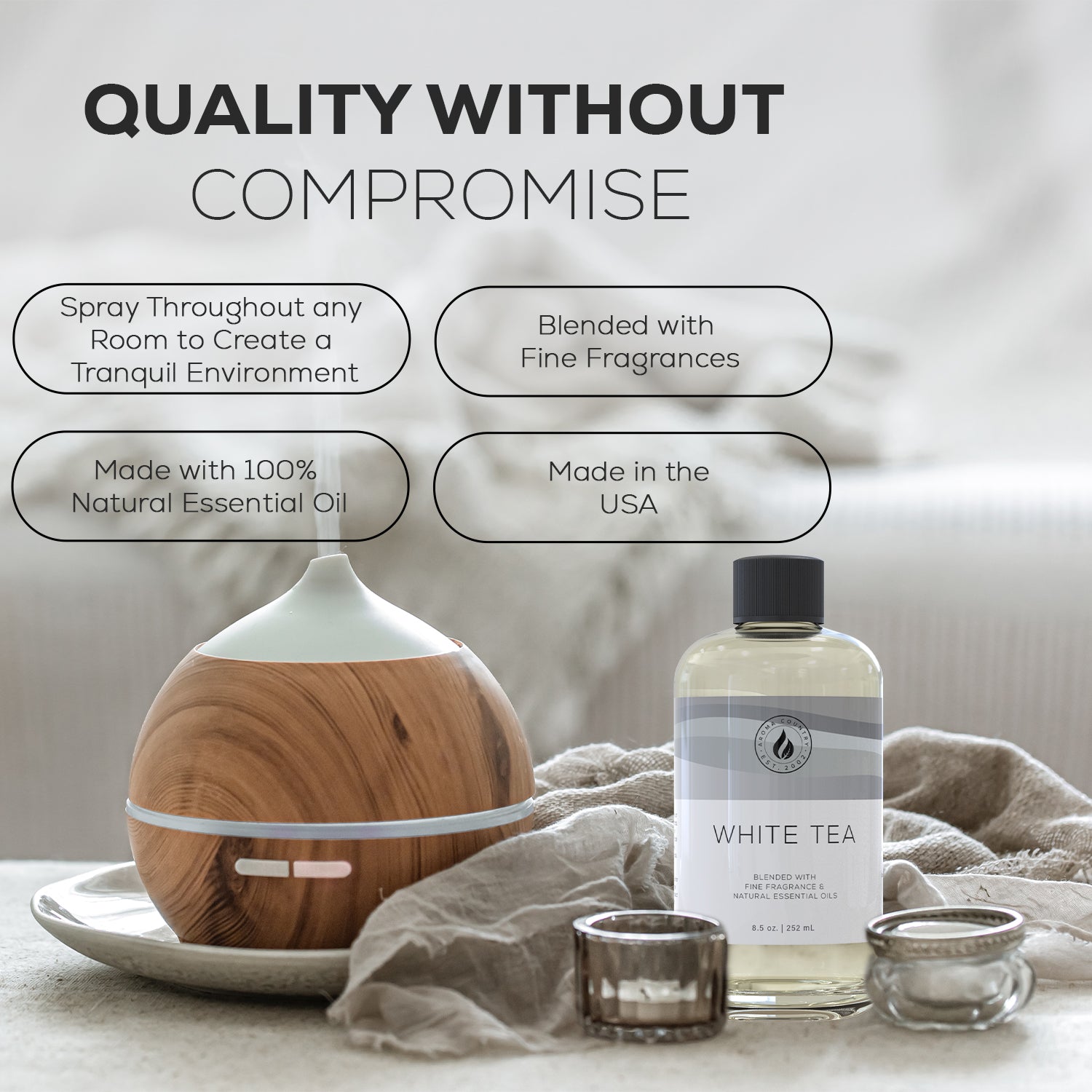 White Tea essential oil bottle beside an ultrasonic diffuser in a serene room setting, showcasing its use for room freshness and tranquil ambiance with fine fragrances and natural oils.