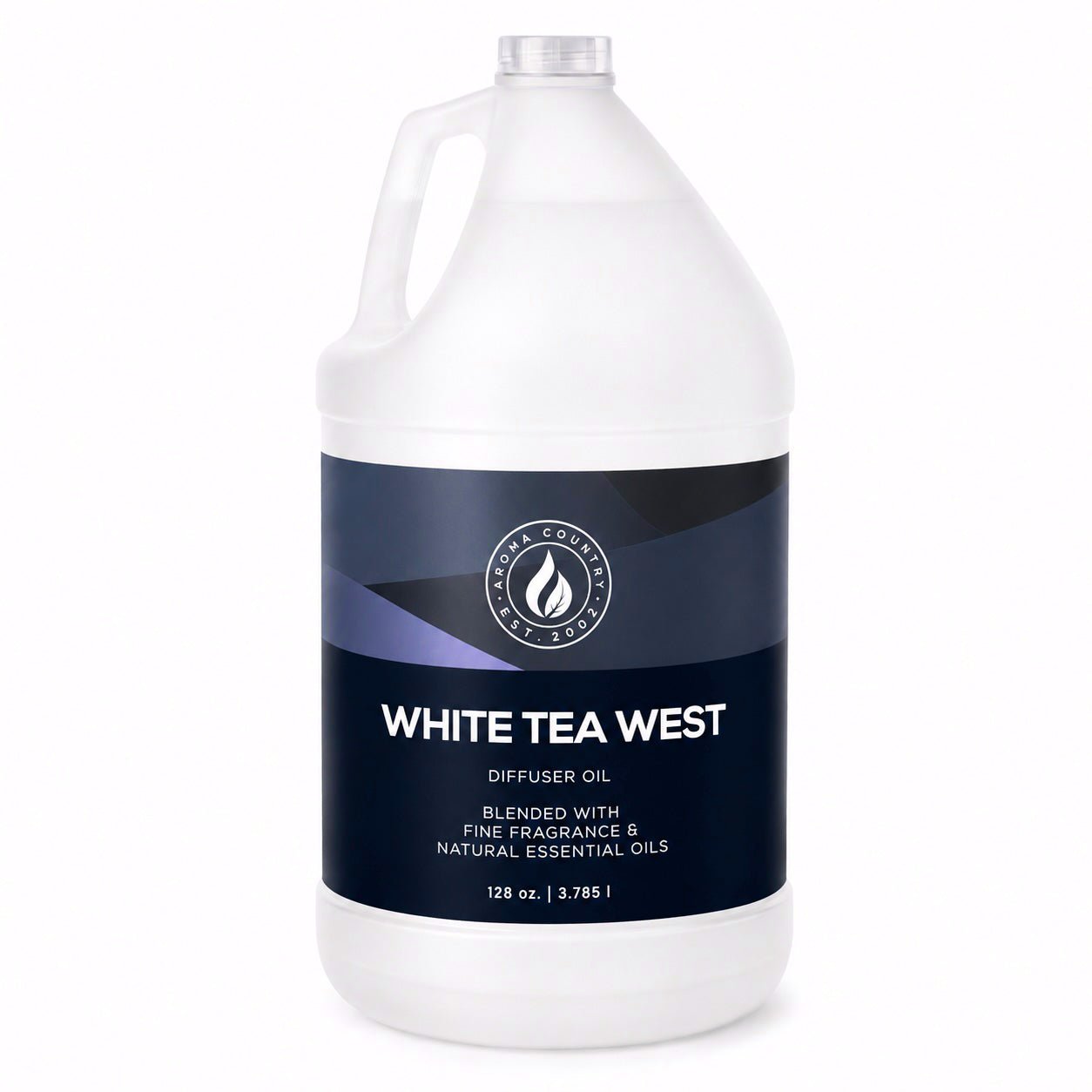 White Tea West aroma oil in a 128 oz gallon jug with a refined hotel-inspired tea character, soft floral undertones, and clean modern warmth for whole-home cold air diffusion