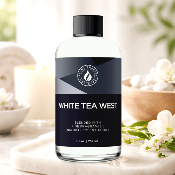 White Tea West best home fragrance oil with a clean floral scent, soft citrus aroma, and a bright spa-inspired finish