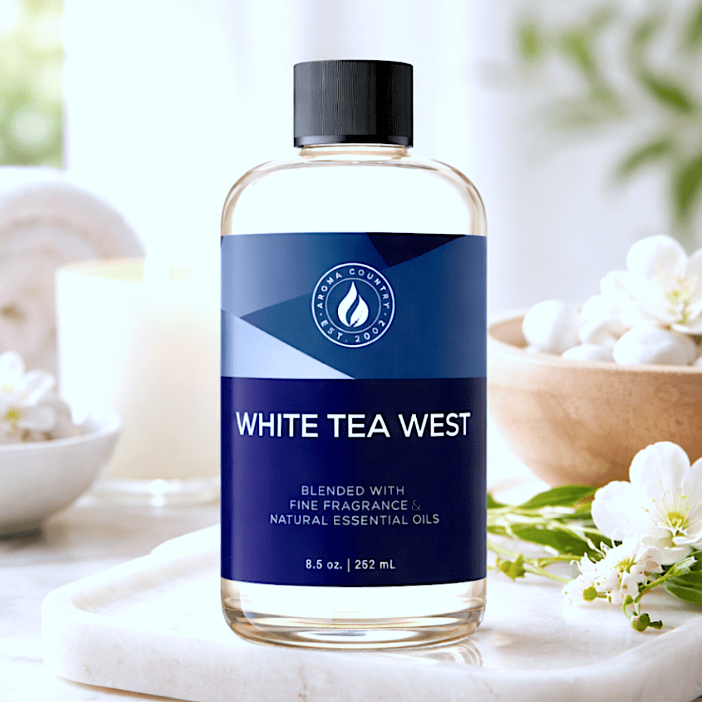 White Tea West premium home fragrance oil with soft white floral notes, airy citrus, and a clean spa-like aroma