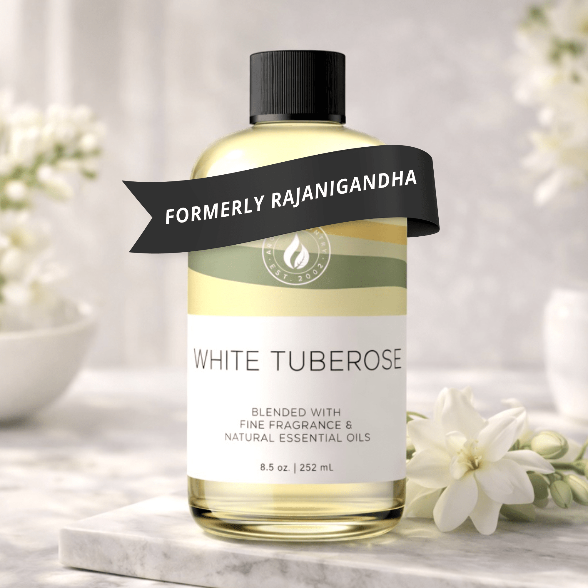 White Tuberose scent oil at 8.5 oz, formerly known as Rajanigandha, with a creamy white floral character, sweet petal warmth, and lush tropical depth for refined home scenting