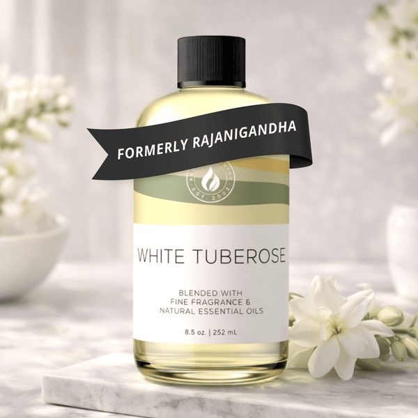 White Tuberose scent oil at 8.5 oz, formerly known as Rajanigandha, with a creamy white floral character, sweet petal warmth, and lush tropical depth for refined home scenting
