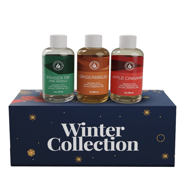 Winter Collection gift box featuring 2oz bottles of Fraser Fir Pine Needle, Gingerbread, and Apple Cinnamon diffuser oils—seasonal aromas by Aroma Country.