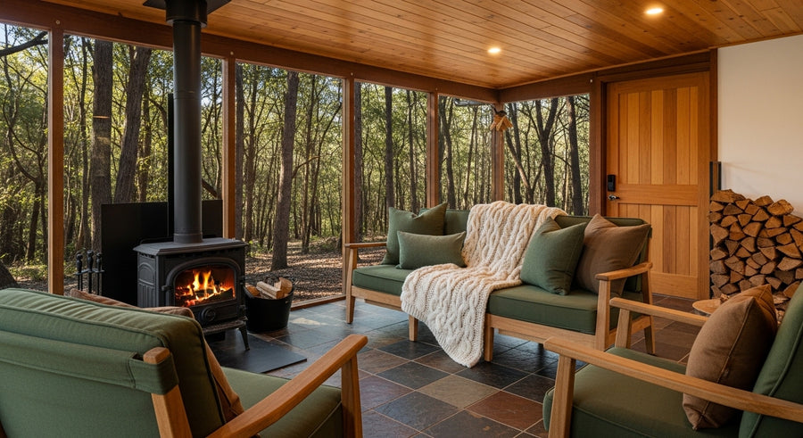 Wooded cabin sitting room with cast iron wood stove and stacked firewood showing how sandalwood cedar and leather woody diffuser oils fit a den or library