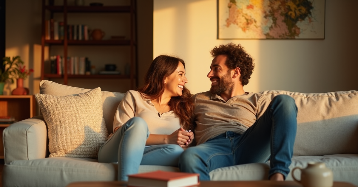 A couple laughing together on a linen sofa in a warm living room at golden hour