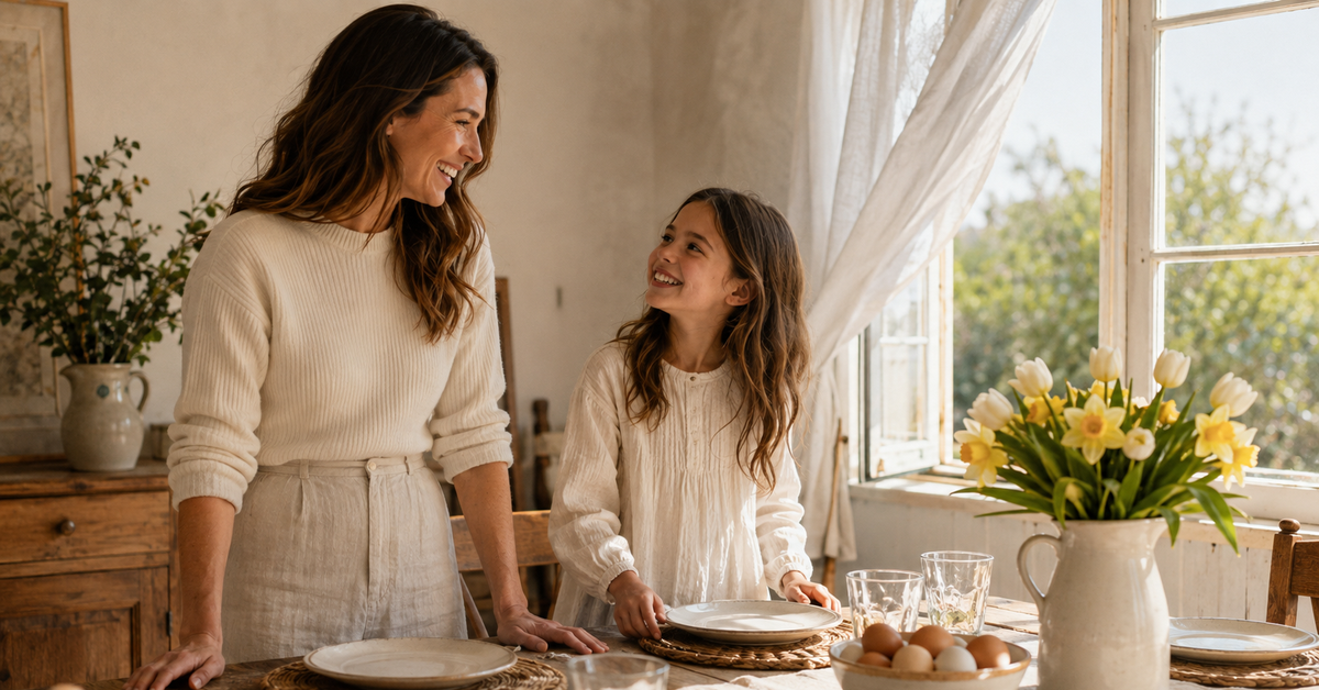 A mother and daughter laying a table for brunch in a sunlit spring breakfast room