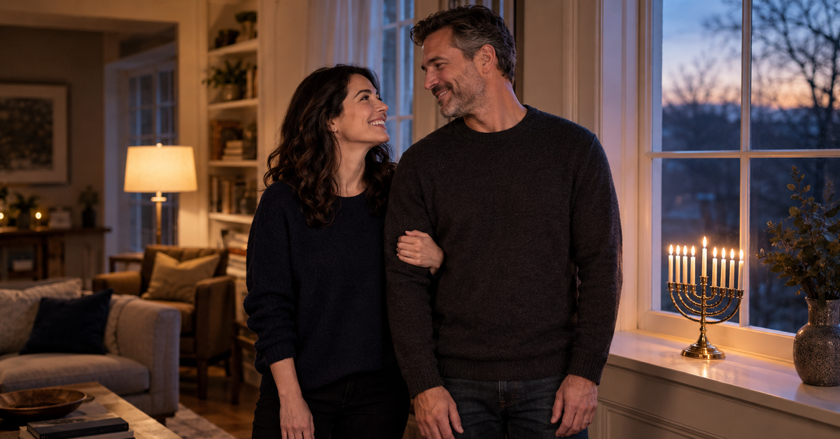 A couple standing together at a window where a lit menorah sits on the sill at dusk
