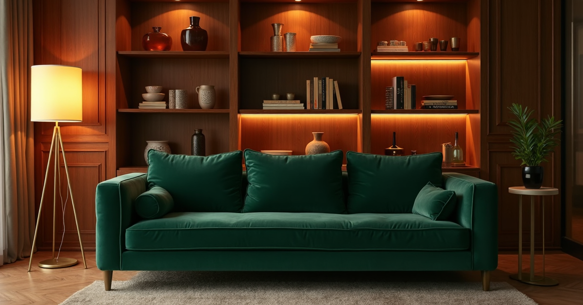 A warm living room at dusk with a green velvet sofa, brass lamp and lit walnut shelving