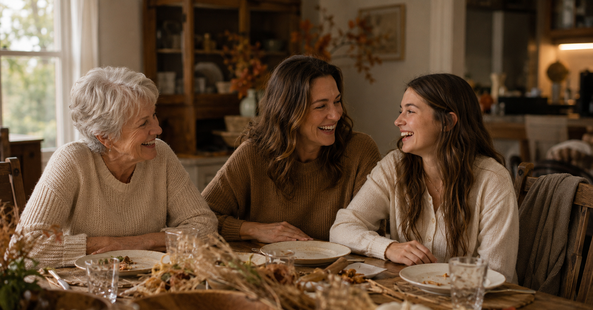 Three generations of a family laughing around a laid dining table in autumn light