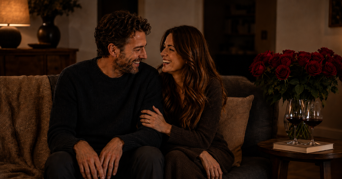 A couple laughing together on a sofa by lamplight with deep red roses on the side table