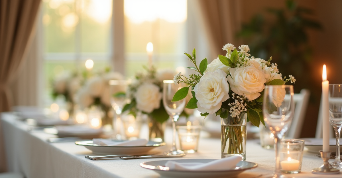 An elegant wedding table with white tuberose and gardenia arrangements and lit taper candles