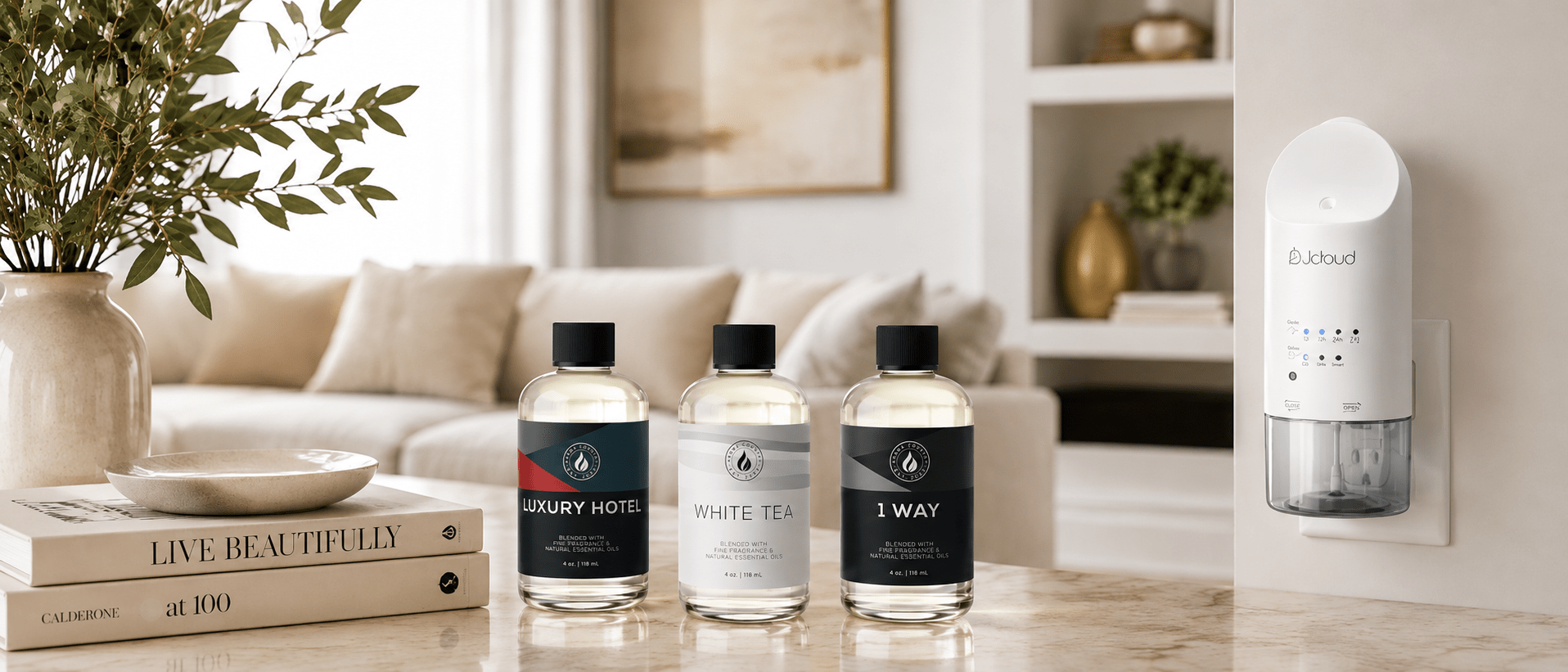 Luxury Hotel, White Tea and 1 Way diffuser oils beside the Aroma Country plug-in diffuser in a bright living room