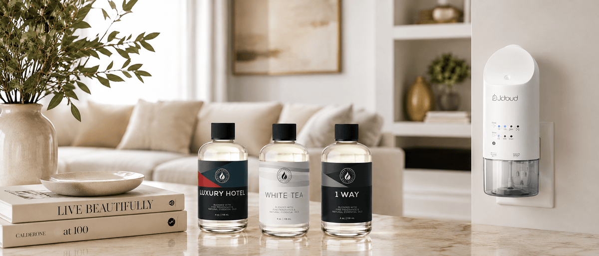 Luxury Hotel, White Tea and 1 Way diffuser oils beside the Aroma Country plug-in diffuser in a bright living room