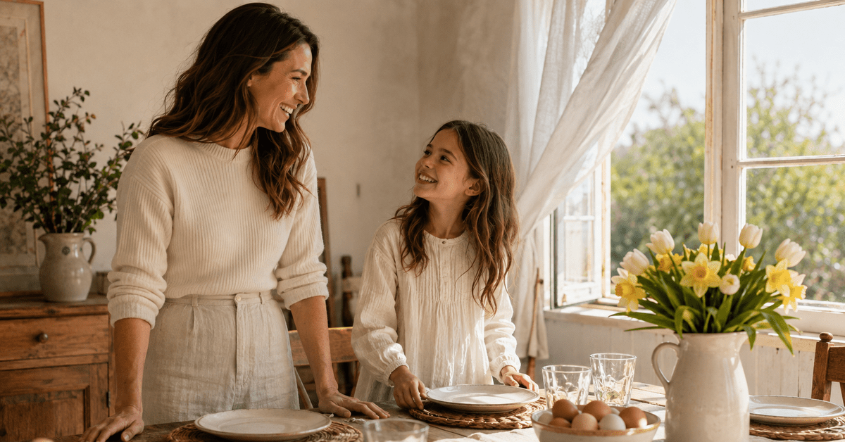 A mother and daughter laying a table for brunch in a sunlit spring breakfast room