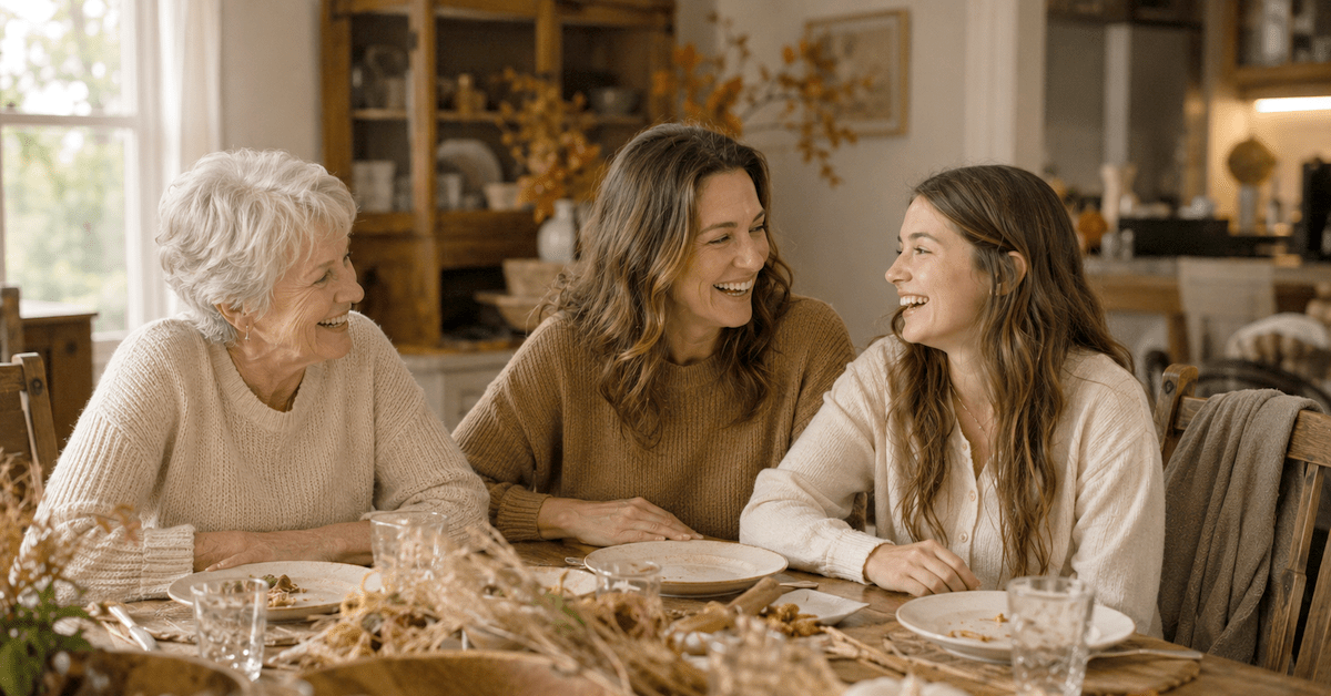 Three generations of a family laughing around a laid dining table in autumn light